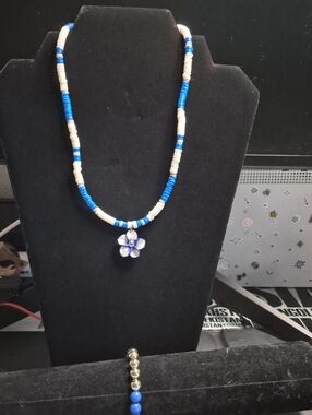Blue and White Beaded Necklace with Flower Pendant